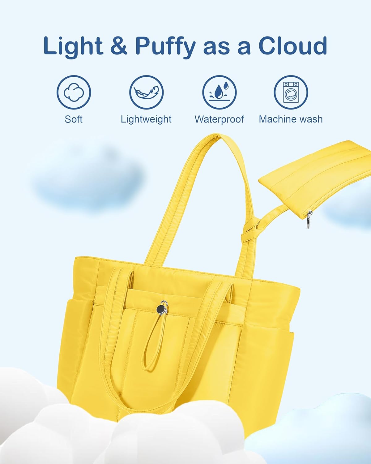 Puffy Tote Bag for Women with Cup Holder & Laptop Compartment & Cosmetic Bag & Trolley Sleeve for Work, Travel