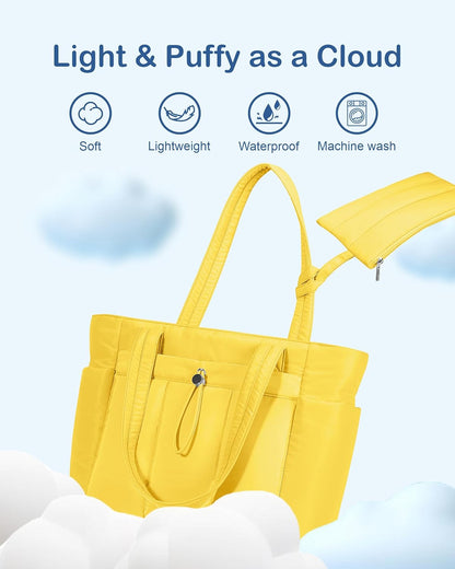 Puffy Tote Bag for Women with Cup Holder & Laptop Compartment & Cosmetic Bag & Trolley Sleeve for Work, Travel