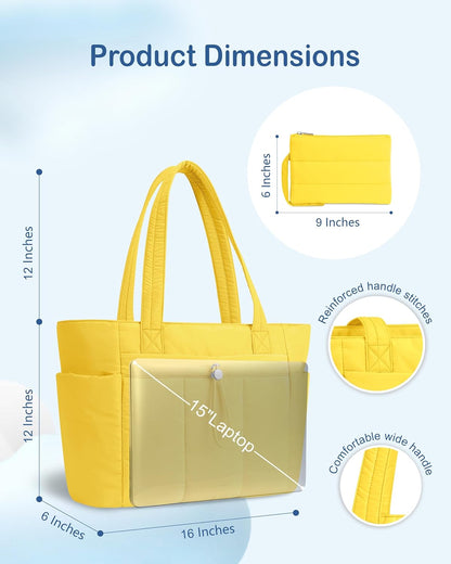 Puffy Tote Bag for Women with Cup Holder & Laptop Compartment & Cosmetic Bag & Trolley Sleeve for Work, Travel