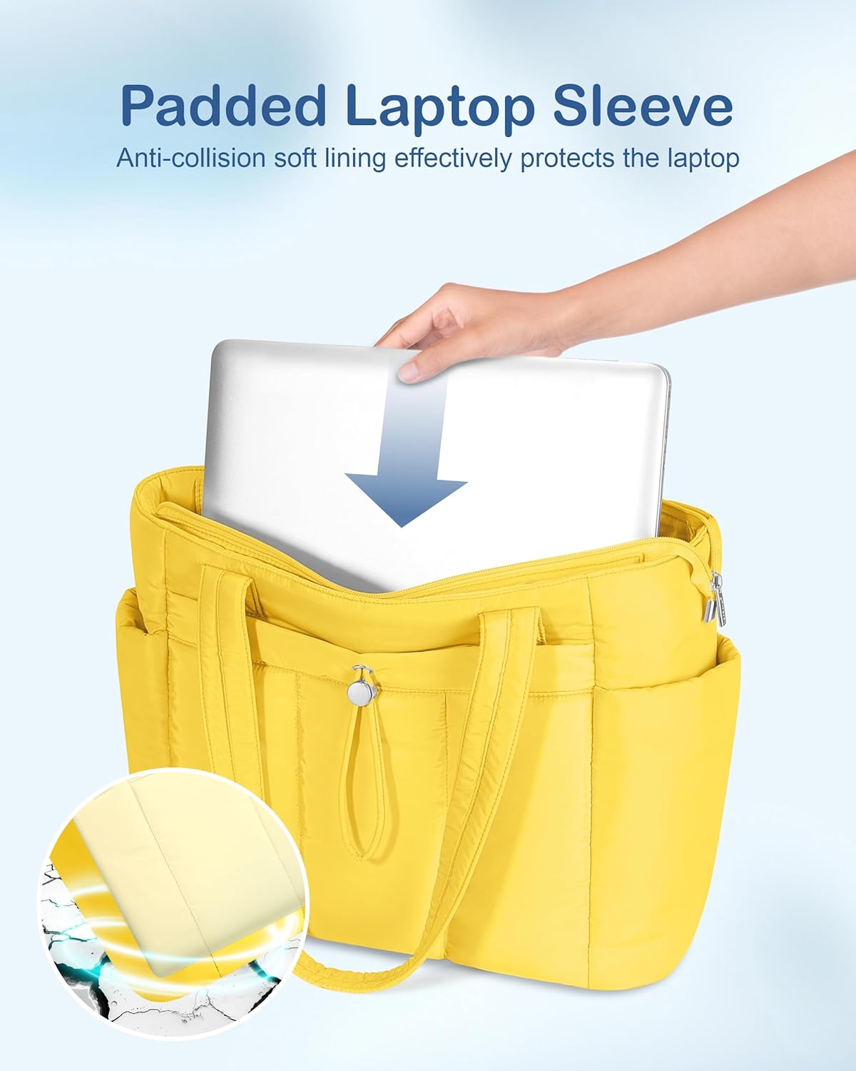 Puffy Tote Bag for Women with Cup Holder & Laptop Compartment & Cosmetic Bag & Trolley Sleeve for Work, Travel