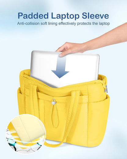 Puffy Tote Bag for Women with Cup Holder & Laptop Compartment & Cosmetic Bag & Trolley Sleeve for Work, Travel