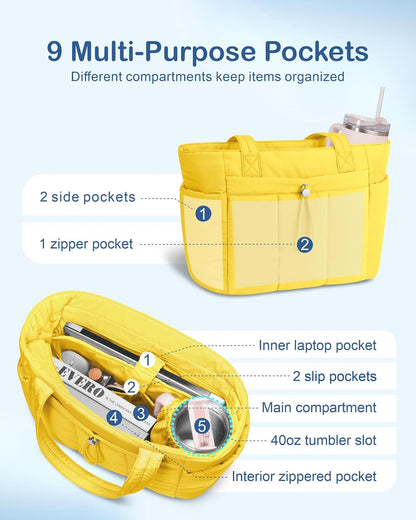 Puffy Tote Bag for Women with Cup Holder & Laptop Compartment & Cosmetic Bag & Trolley Sleeve for Work, Travel