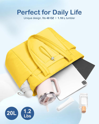 Puffy Tote Bag for Women with Cup Holder & Laptop Compartment & Cosmetic Bag & Trolley Sleeve for Work, Travel