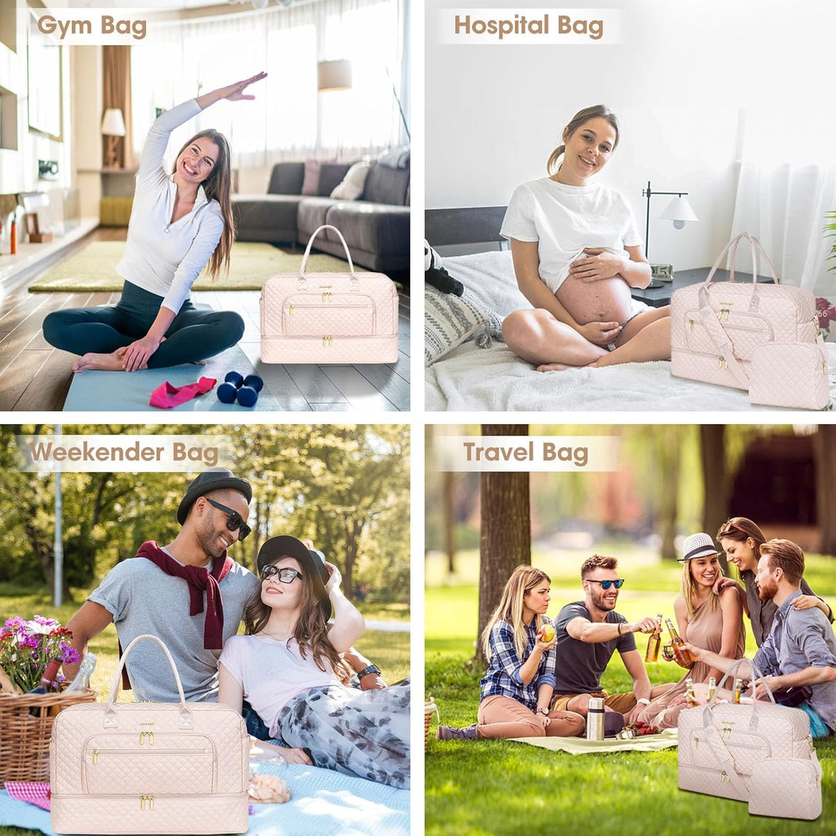 Large Women's Travel Duffel, Weekender with Shoe Compartment, Carry On Overnight Bag, Gym Duffel with Wet Pocket, Hospital Bags for Labor and Delivery - 3 PCS Set - Colors B
