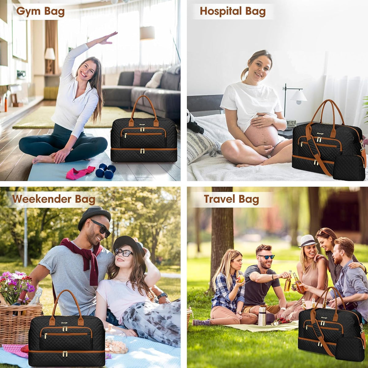 Large Women's Travel Duffel, Weekender with Shoe Compartment, Carry On Overnight Bag, Gym Duffel with Wet Pocket, Hospital Bags for Labor and Delivery - 3 PCS Set - Colors B