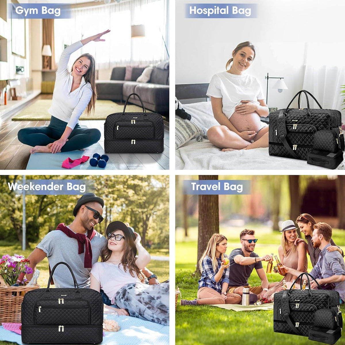 Large Women's Travel Duffel, Weekender with Shoe Compartment, Carry On Overnight Bag, Gym Duffel with Wet Pocket, Hospital Bags for Labor and Delivery - 3 PCS Set - Colors B