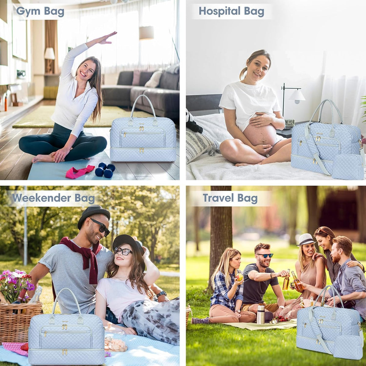 Large Women's Travel Duffel, Weekender with Shoe Compartment, Carry On Overnight Bag, Gym Duffel with Wet Pocket, Hospital Bags for Labor and Delivery - 3 PCS Set - Colors B