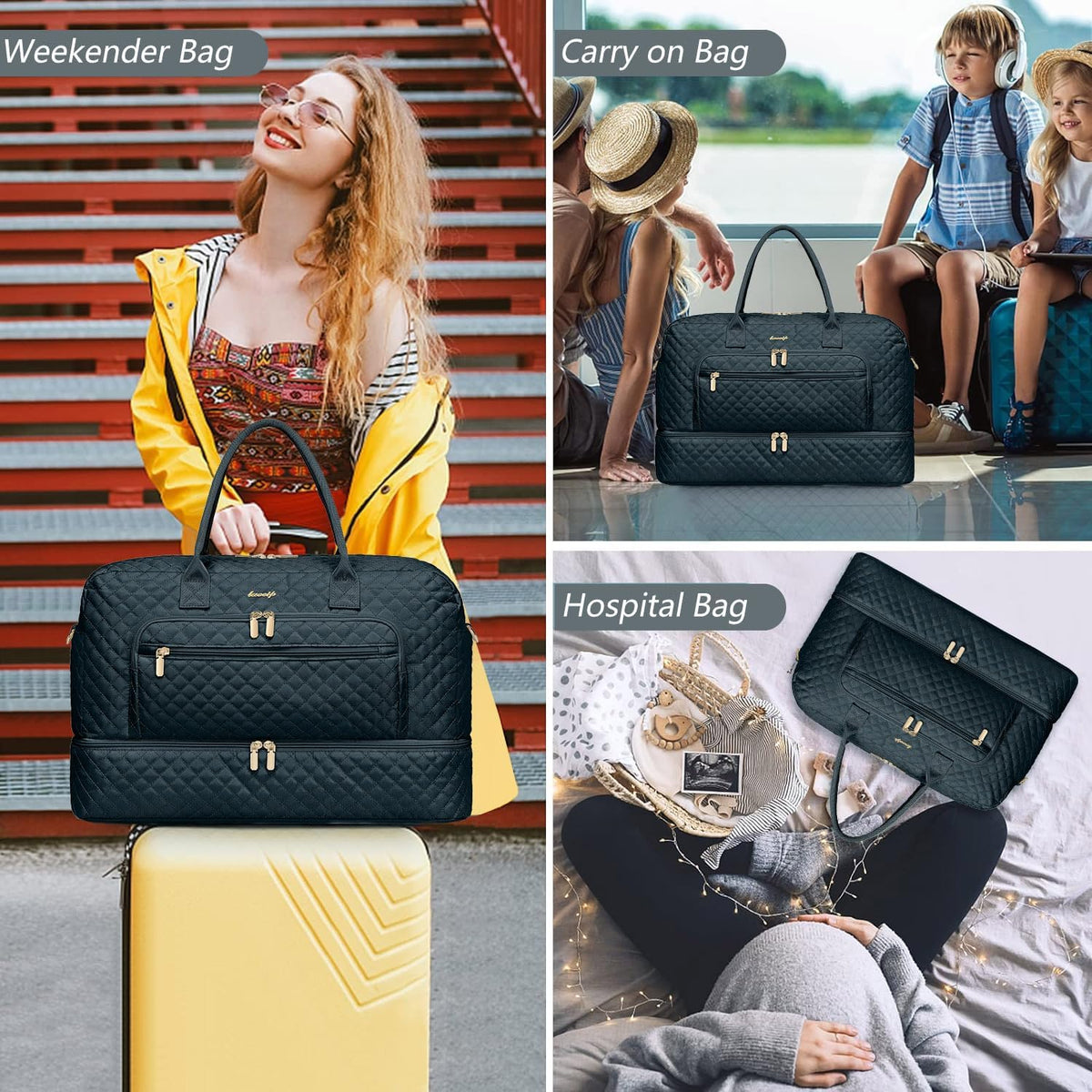 Large Women's Travel Duffel, Weekender with Shoe Compartment, Carry On Overnight Bag, Gym Duffel with Wet Pocket, Hospital Bags for Labor and Delivery - 3 PCS Set - Colors B