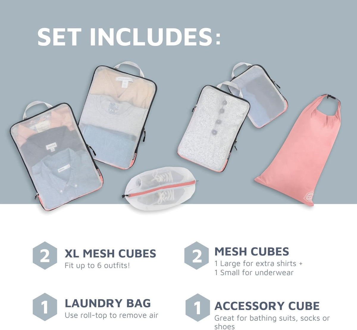 Large Packing Cube Set with See Through Mesh- Compression Packing Cubes Travel Organizers (White)