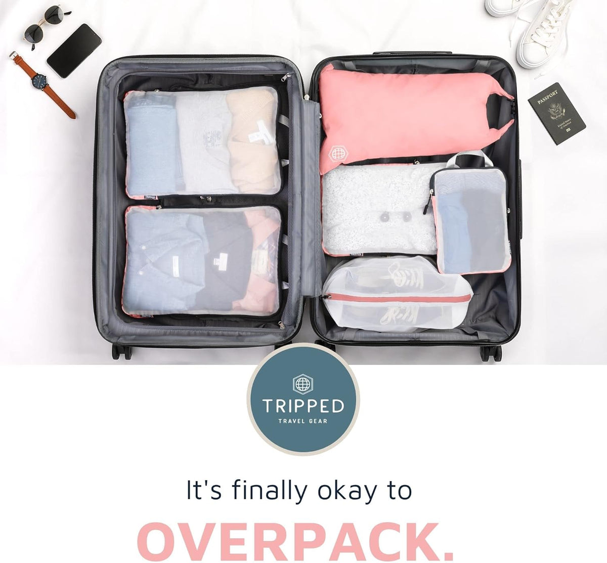 Large Packing Cube Set with See Through Mesh- Compression Packing Cubes Travel Organizers (White)