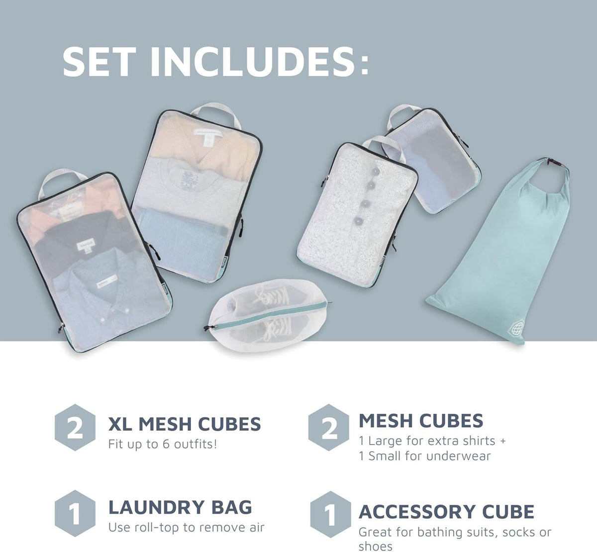 Large Packing Cube Set with See Through Mesh- Compression Packing Cubes Travel Organizers (White)