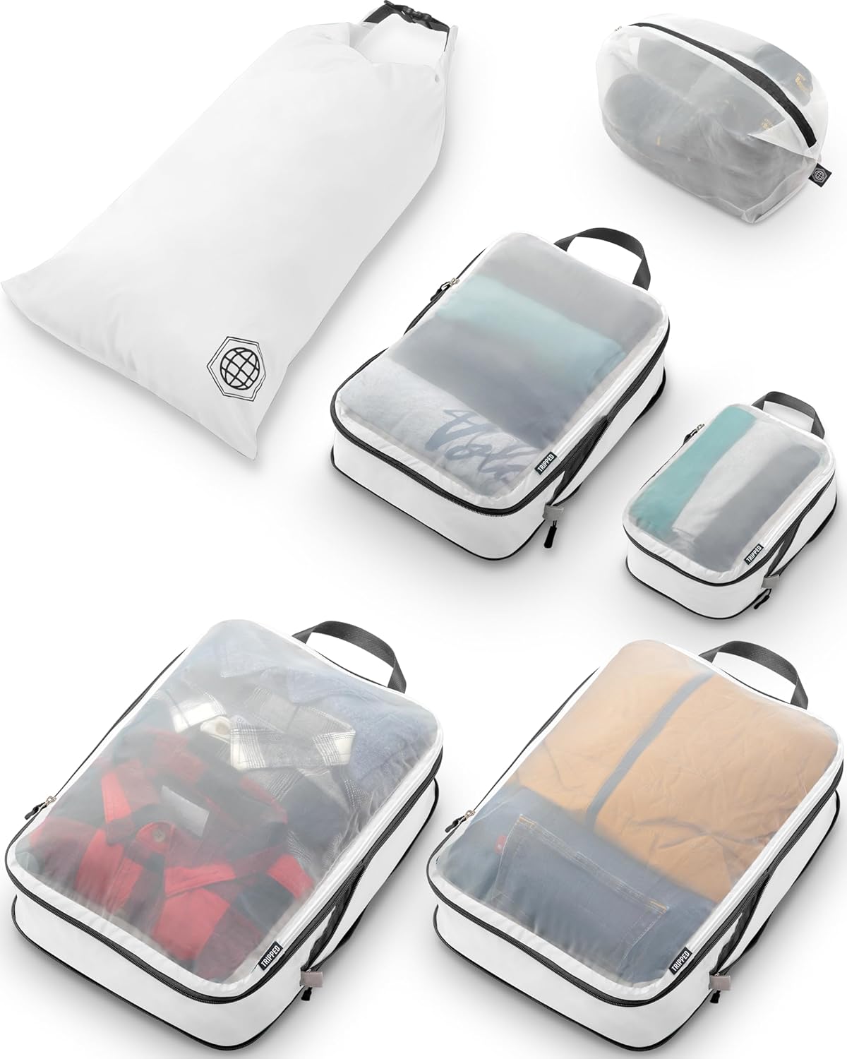 Large Packing Cube Set with See Through Mesh- Compression Packing Cubes Travel Organizers (White)