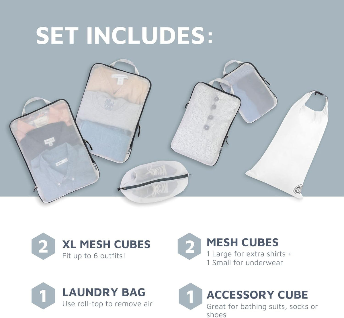 Large Packing Cube Set with See Through Mesh- Compression Packing Cubes Travel Organizers (White)