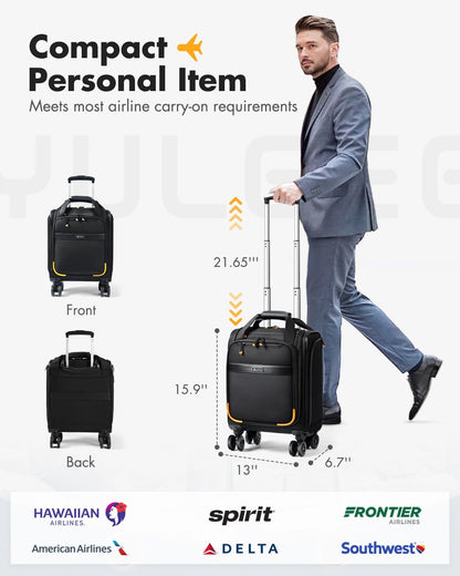 Underseat Carry On Luggage with Spinner Wheels,16 Inch Softside Suitcase with Detachable Wheels, Lightweight Travel Luggage Bag for Men Women, Black