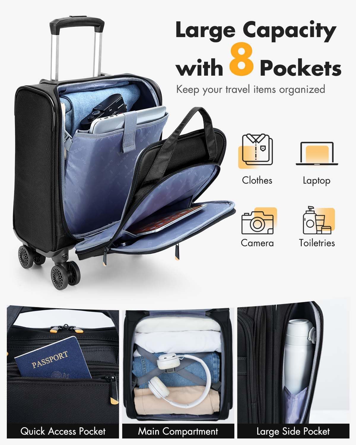 Underseat Carry On Luggage with Spinner Wheels,16 Inch Softside Suitcase with Detachable Wheels, Lightweight Travel Luggage Bag for Men Women, Black