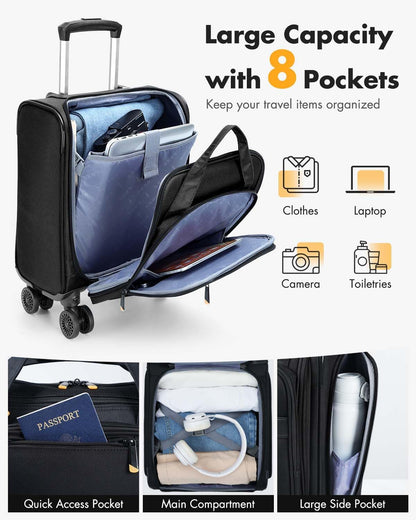 Underseat Carry On Luggage with Spinner Wheels,16 Inch Softside Suitcase with Detachable Wheels, Lightweight Travel Luggage Bag for Men Women, Black