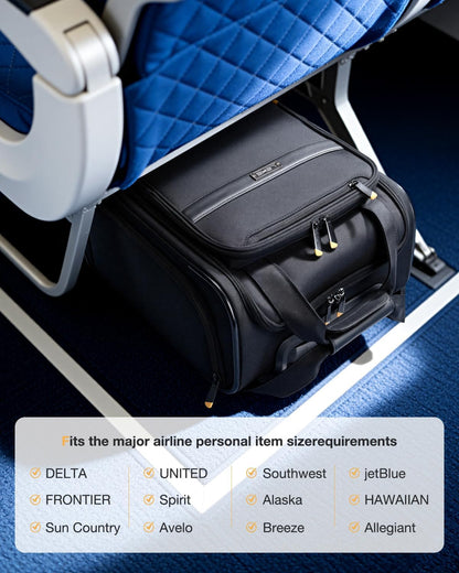 Underseat Carry On Luggage with Spinner Wheels,16 Inch Softside Suitcase with Detachable Wheels, Lightweight Travel Luggage Bag for Men Women, Black
