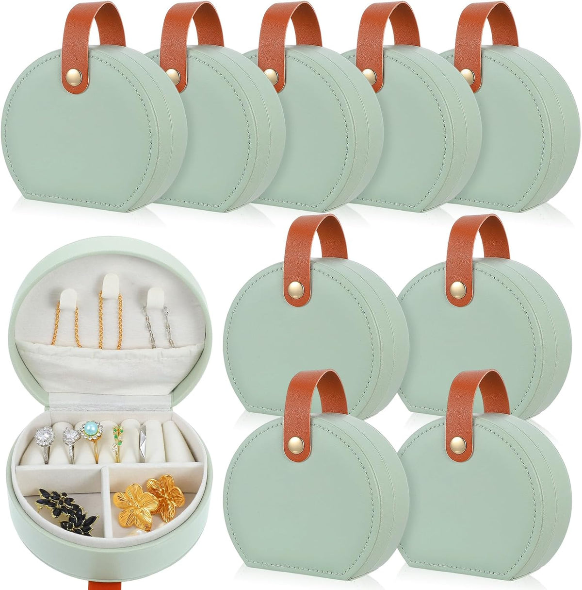10 Pcs Mini Jewelry Travel Case, Small Travel Jewelry Case Organizer, Half Moon Leather Jewelry-Box with Handle, Green Bridesmaid Gift for Women Wedding Party Accessories