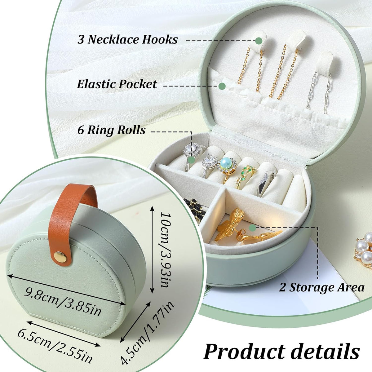 10 Pcs Mini Jewelry Travel Case, Small Travel Jewelry Case Organizer, Half Moon Leather Jewelry-Box with Handle, Green Bridesmaid Gift for Women Wedding Party Accessories