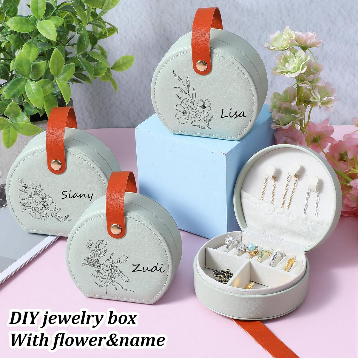 10 Pcs Mini Jewelry Travel Case, Small Travel Jewelry Case Organizer, Half Moon Leather Jewelry-Box with Handle, Green Bridesmaid Gift for Women Wedding Party Accessories