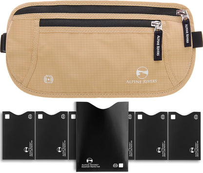 Money Belt for Travel - RFID Hidden Wallet, Sahara Sand | Triple-layer RFID shielding, hidden passport holder and waist wallet, 7 card sleeves included, fits 26-56 inch waists