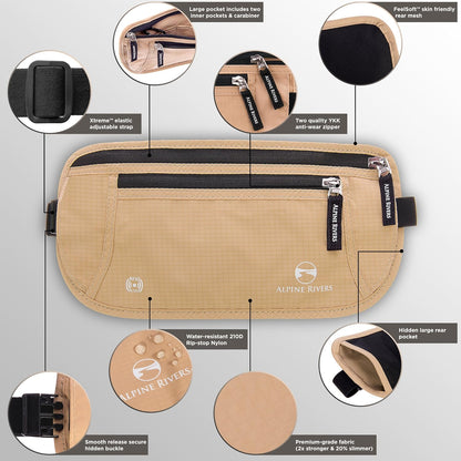 Money Belt for Travel - RFID Hidden Wallet, Sahara Sand | Triple-layer RFID shielding, hidden passport holder and waist wallet, 7 card sleeves included, fits 26-56 inch waists