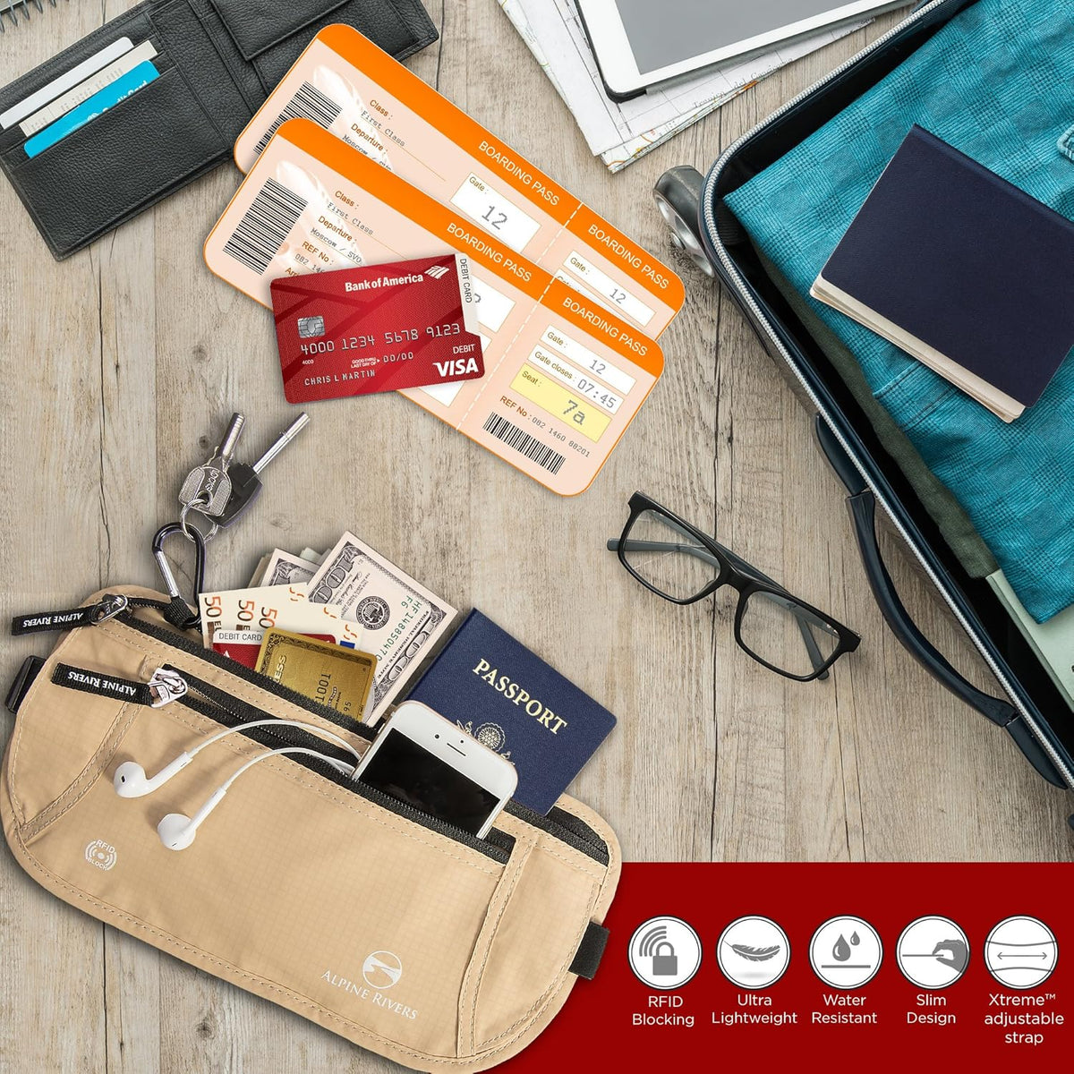 Money Belt for Travel - RFID Hidden Wallet, Sahara Sand | Triple-layer RFID shielding, hidden passport holder and waist wallet, 7 card sleeves included, fits 26-56 inch waists