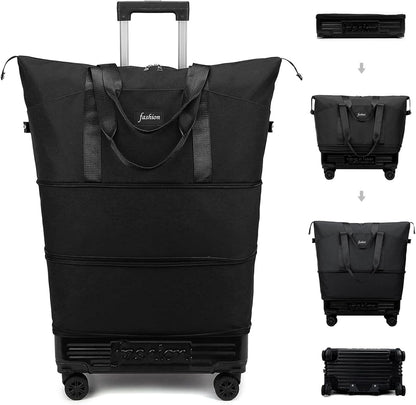 Rolling Duffle Bag with Wheels and Handle, Expandable Foldable Travel Bag - Wheeled Carry On Luggage, Collapsible Suitcase for Weekend Trips, Gym, Large Capacity & Waterproof (Black)