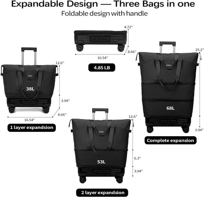 Rolling Duffle Bag with Wheels and Handle, Expandable Foldable Travel Bag - Wheeled Carry On Luggage, Collapsible Suitcase for Weekend Trips, Gym, Large Capacity & Waterproof (Black)