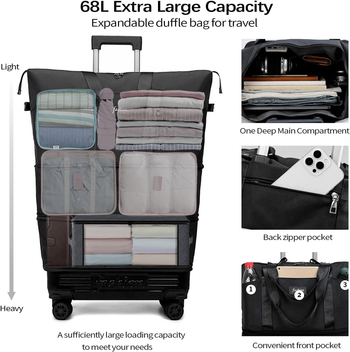 Rolling Duffle Bag with Wheels and Handle, Expandable Foldable Travel Bag - Wheeled Carry On Luggage, Collapsible Suitcase for Weekend Trips, Gym, Large Capacity & Waterproof (Black)