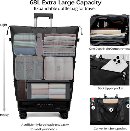 Rolling Duffle Bag with Wheels and Handle, Expandable Foldable Travel Bag - Wheeled Carry On Luggage, Collapsible Suitcase for Weekend Trips, Gym, Large Capacity & Waterproof (Black)