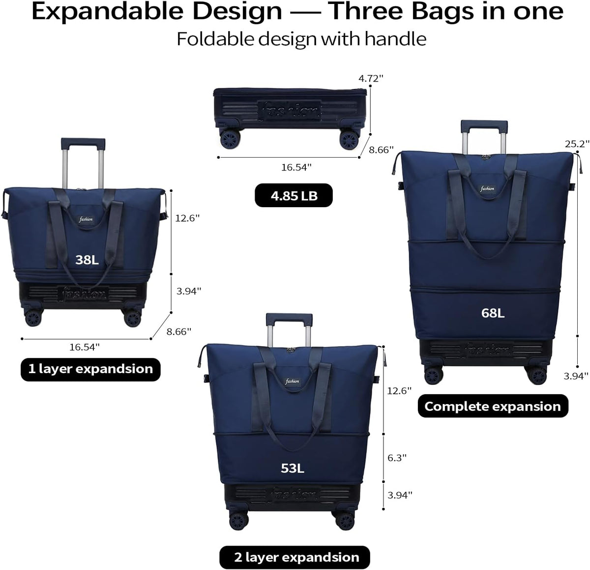 Rolling Duffle Bag with Wheels and Handle, Expandable Foldable Travel Bag - Wheeled Carry On Luggage, Collapsible Suitcase for Weekend Trips, Gym, Large Capacity & Waterproof (Black)