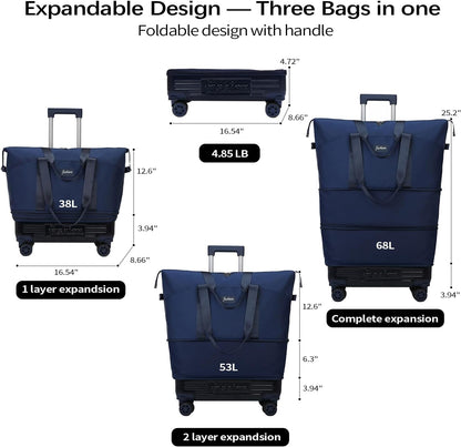 Rolling Duffle Bag with Wheels and Handle, Expandable Foldable Travel Bag - Wheeled Carry On Luggage, Collapsible Suitcase for Weekend Trips, Gym, Large Capacity & Waterproof (Black)