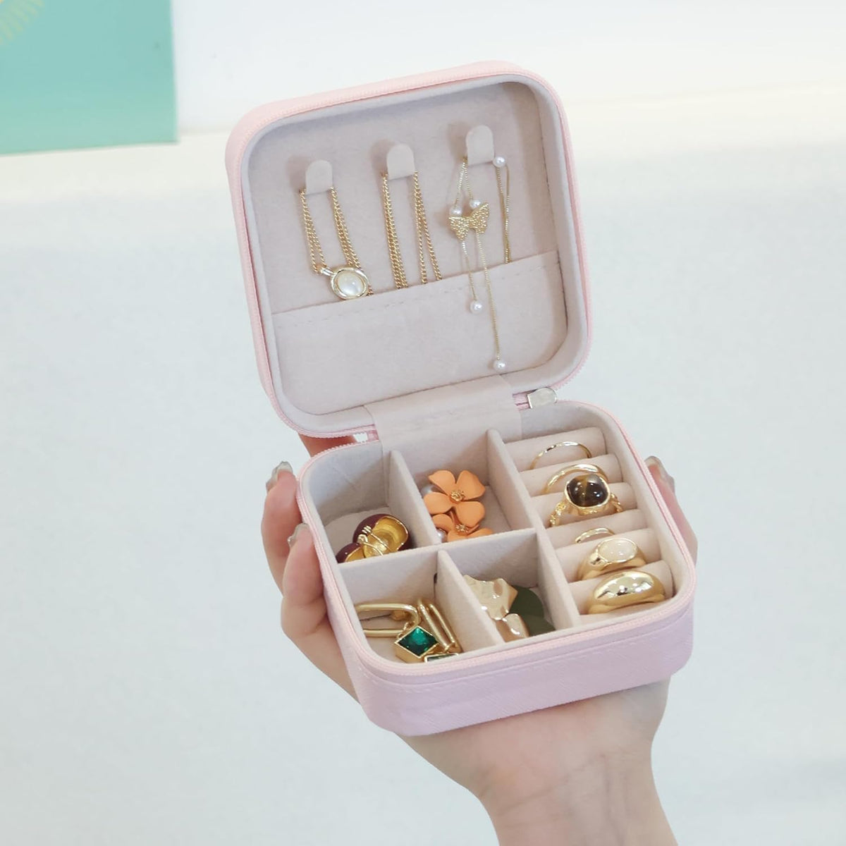 Travel Jewelry Case Box Organizer with Mirror, Jewelry Storage,Green,1 Pcs