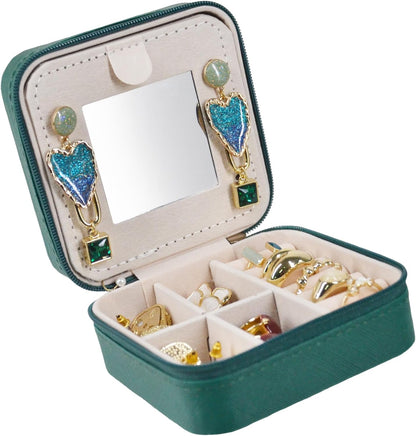 Travel Jewelry Case Box Organizer with Mirror, Jewelry Storage,Green,1 Pcs