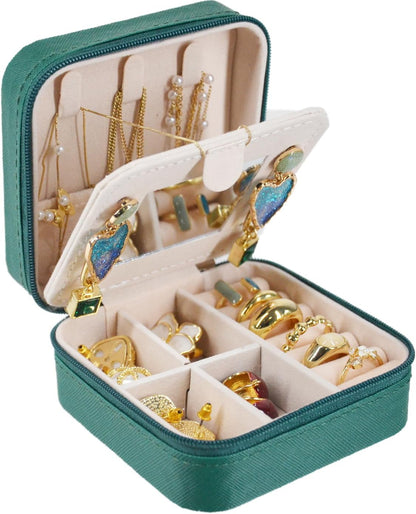 Travel Jewelry Case Box Organizer with Mirror, Jewelry Storage,Green,1 Pcs