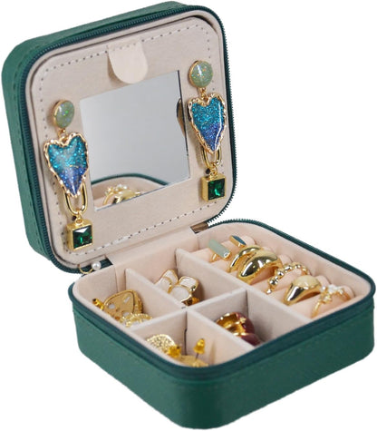 Travel Jewelry Case Box Organizer with Mirror, Jewelry Storage,Green,1 Pcs
