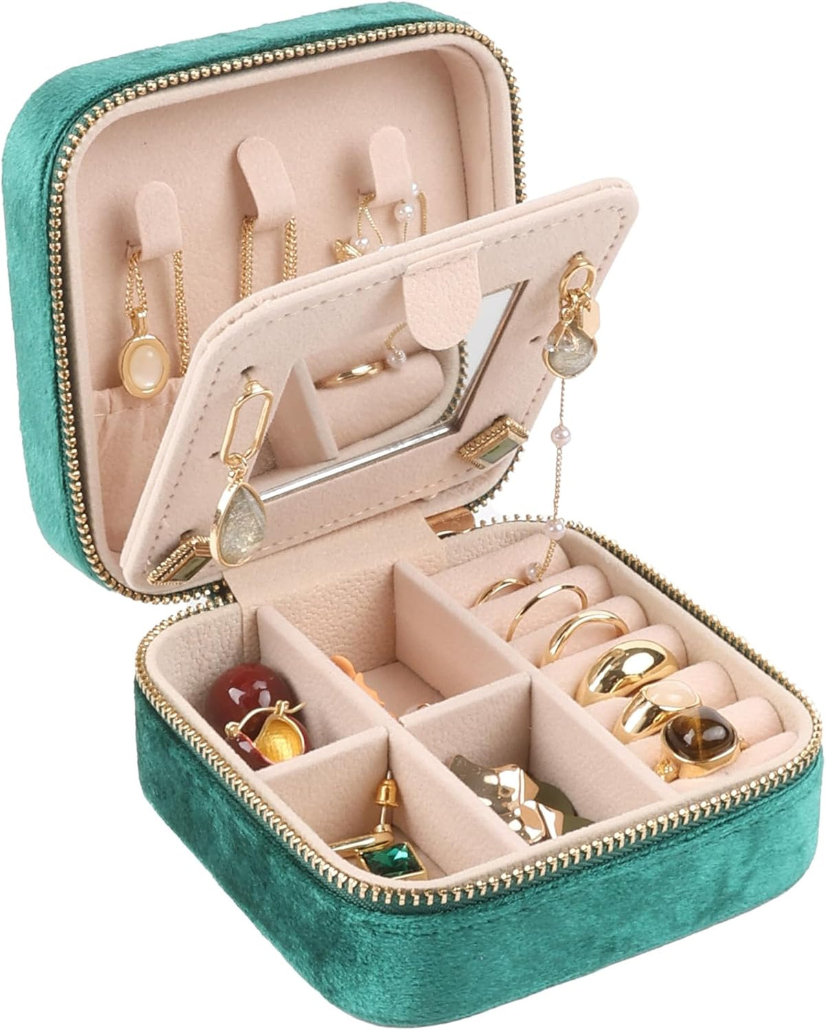 Travel Jewelry Case Box Organizer with Mirror, Jewelry Storage,Green,1 Pcs