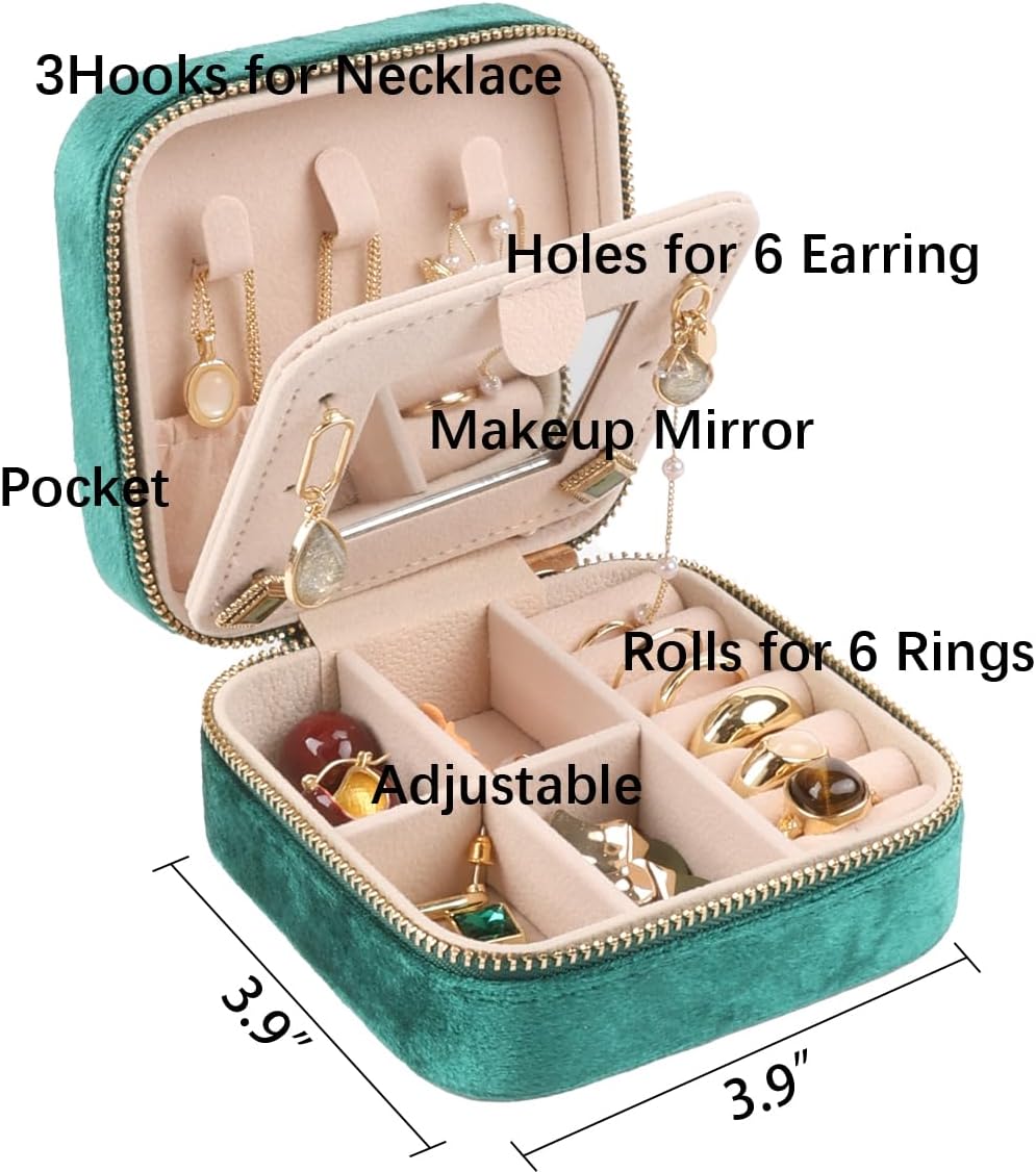 Travel Jewelry Case Box Organizer with Mirror, Jewelry Storage,Green,1 Pcs