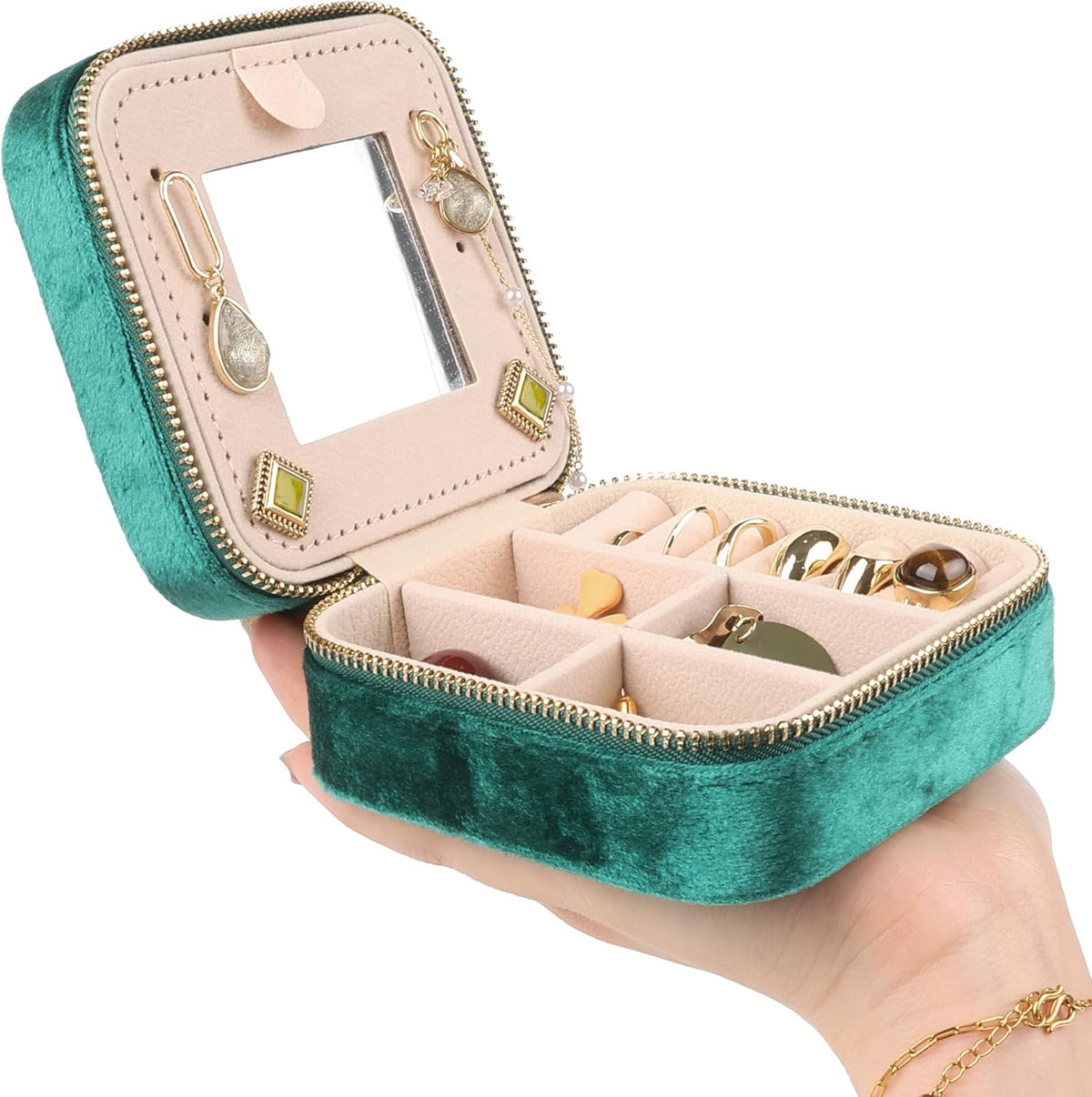 Travel Jewelry Case Box Organizer with Mirror, Jewelry Storage,Green,1 Pcs