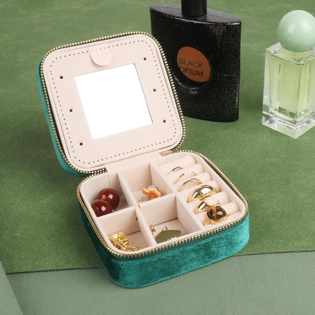 Travel Jewelry Case Box Organizer with Mirror, Jewelry Storage,Green,1 Pcs
