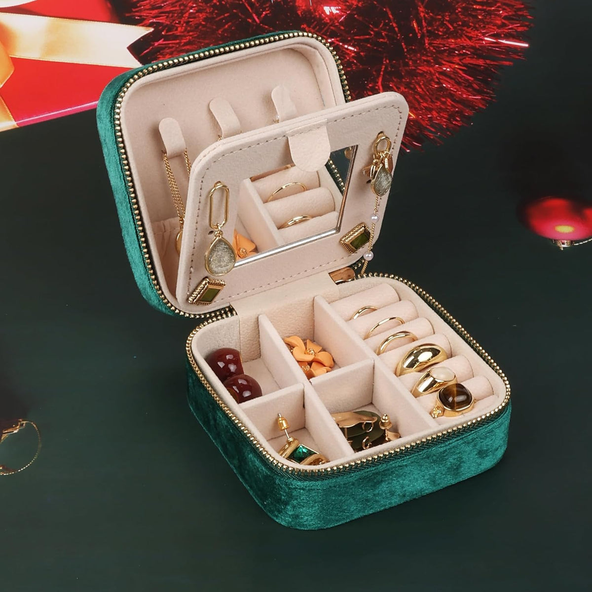 Travel Jewelry Case Box Organizer with Mirror, Jewelry Storage,Green,1 Pcs