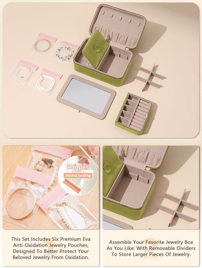 Velvet Travel Jewelry Box with Large Mirror, Double-Layer Jewelry Organizer Case for Women and Girls, Portable Storage Case with 6 Anti-Tarnish Bags Gift Ready for Her (Avocado Green)