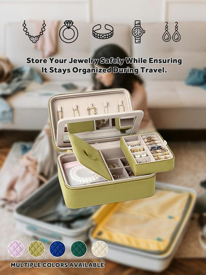 Velvet Travel Jewelry Box with Large Mirror, Double-Layer Jewelry Organizer Case for Women and Girls, Portable Storage Case with 6 Anti-Tarnish Bags Gift Ready for Her (Avocado Green)