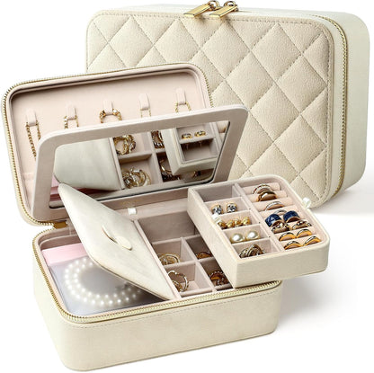 Velvet Travel Jewelry Box with Large Mirror, Double-Layer Jewelry Organizer Case for Women and Girls, Portable Storage Case with 6 Anti-Tarnish Bags Gift Ready for Her (Avocado Green)