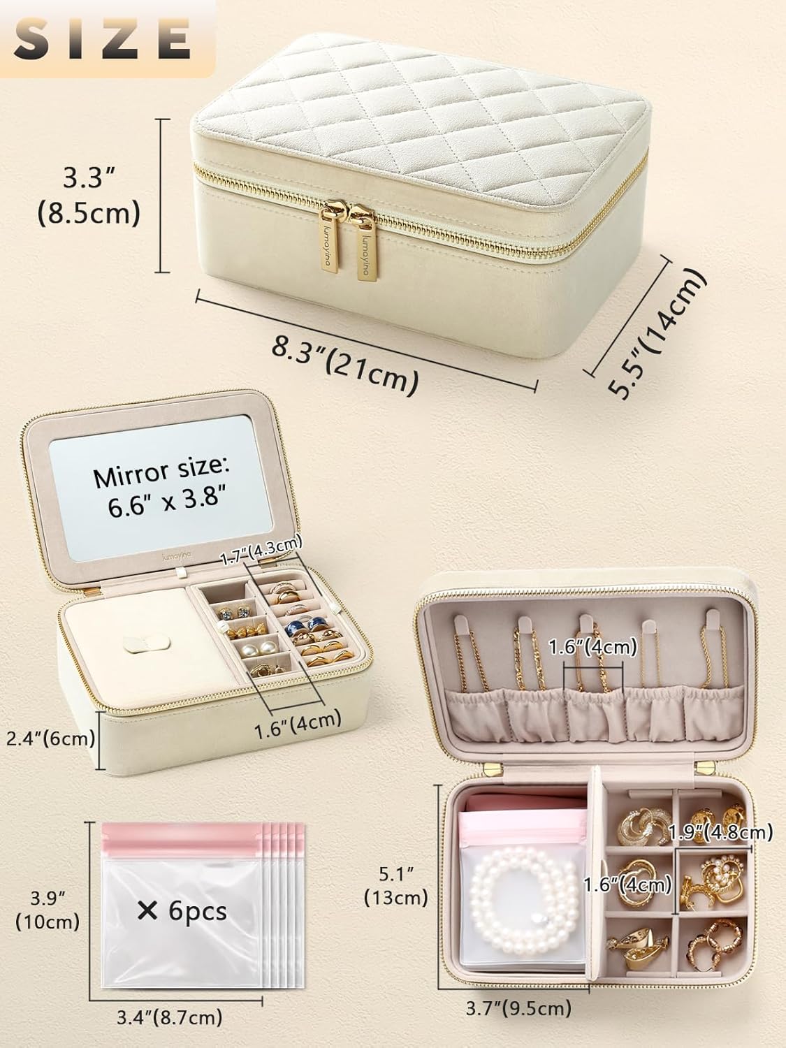 Velvet Travel Jewelry Box with Large Mirror, Double-Layer Jewelry Organizer Case for Women and Girls, Portable Storage Case with 6 Anti-Tarnish Bags Gift Ready for Her (Avocado Green)