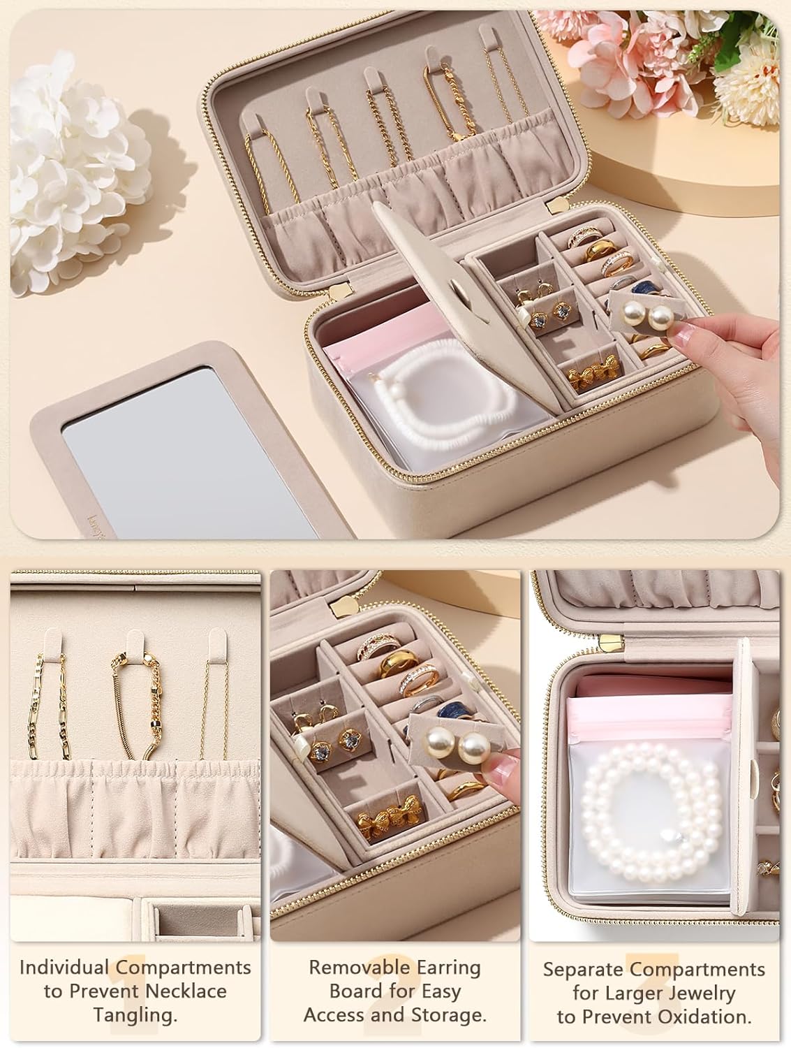 Velvet Travel Jewelry Box with Large Mirror, Double-Layer Jewelry Organizer Case for Women and Girls, Portable Storage Case with 6 Anti-Tarnish Bags Gift Ready for Her (Avocado Green)