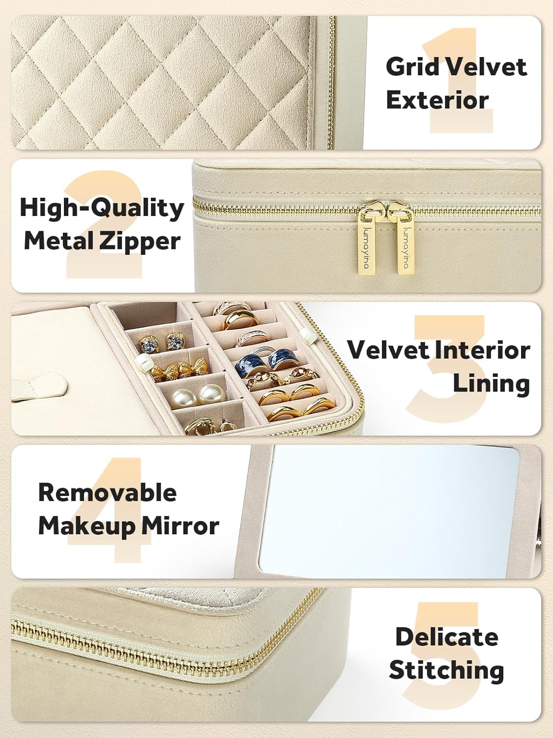 Velvet Travel Jewelry Box with Large Mirror, Double-Layer Jewelry Organizer Case for Women and Girls, Portable Storage Case with 6 Anti-Tarnish Bags Gift Ready for Her (Avocado Green)