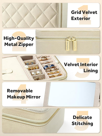 Velvet Travel Jewelry Box with Large Mirror, Double-Layer Jewelry Organizer Case for Women and Girls, Portable Storage Case with 6 Anti-Tarnish Bags Gift Ready for Her (Avocado Green)