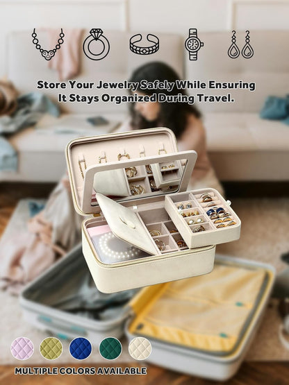 Velvet Travel Jewelry Box with Large Mirror, Double-Layer Jewelry Organizer Case for Women and Girls, Portable Storage Case with 6 Anti-Tarnish Bags Gift Ready for Her (Avocado Green)